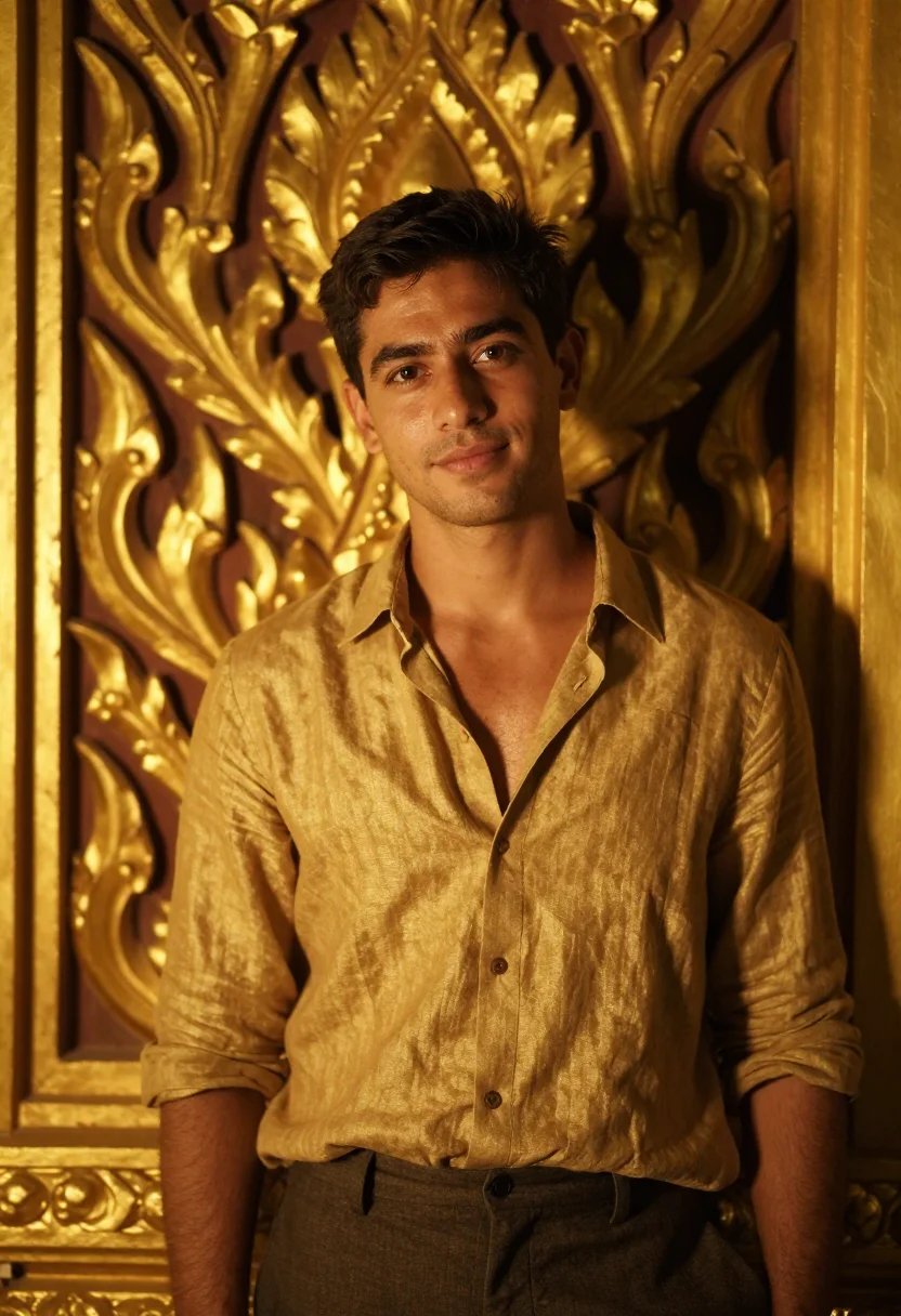 AI chao phraya night gold sample — portrait of a man, framed tight, head and shoulders, the bod