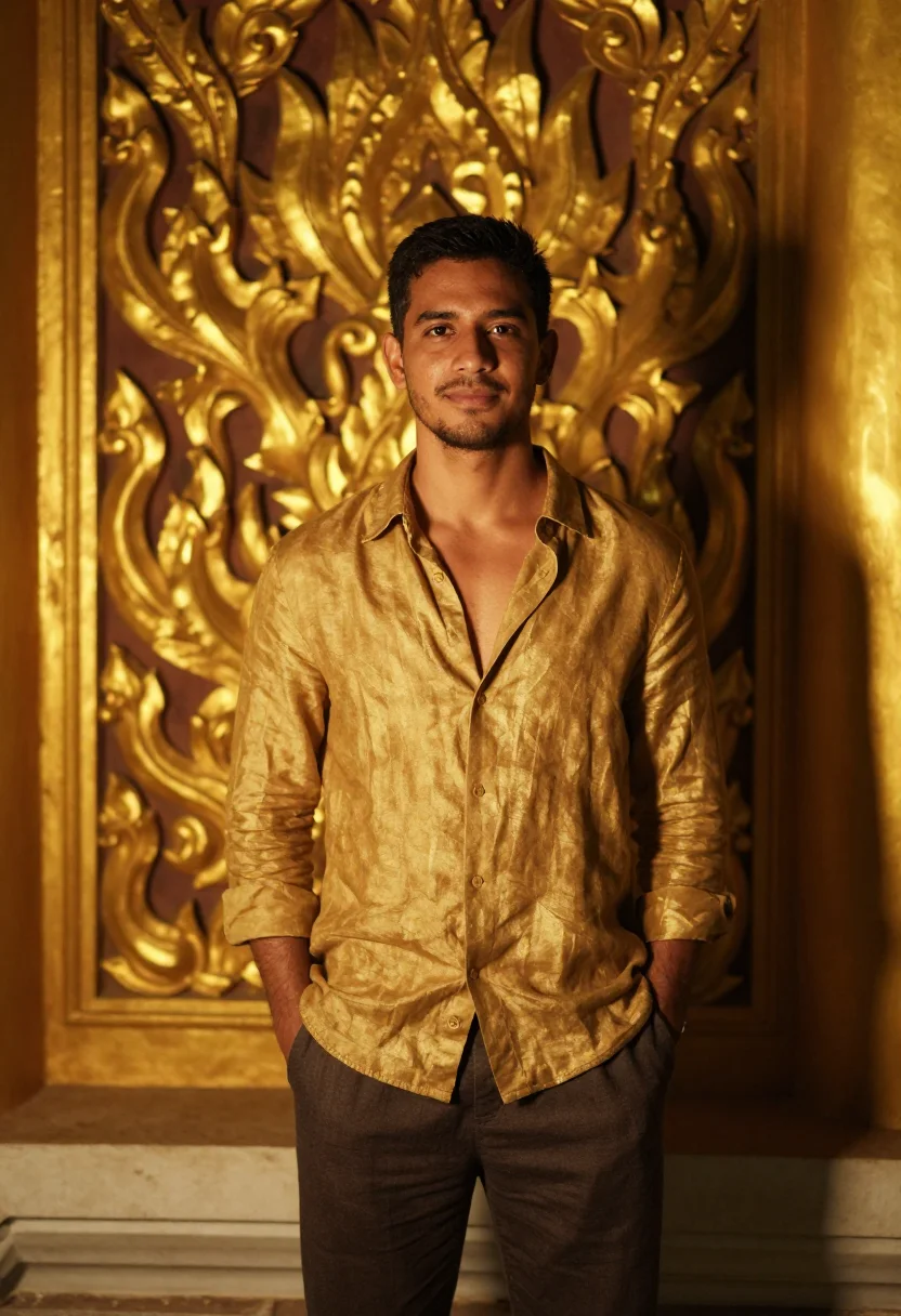 AI chao phraya night gold sample — portrait of a man, framed three-quarter length from the head