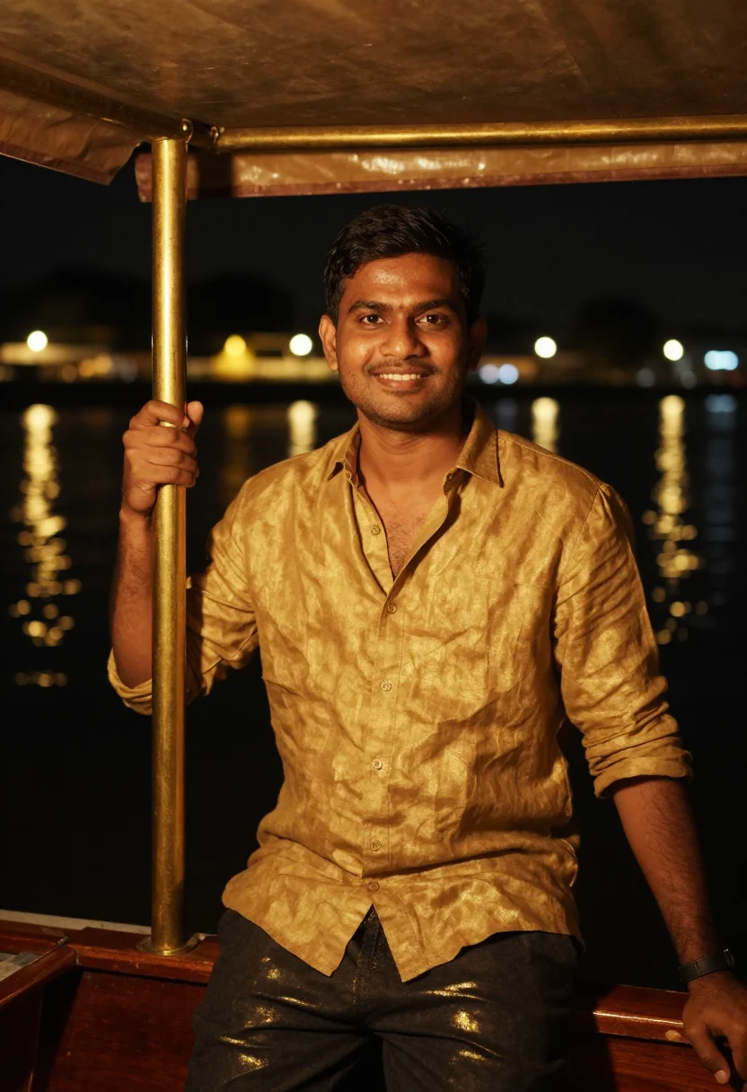 AI chao phraya night gold sample — portrait of a man, framed chest-up, cropped at the ribs, the
