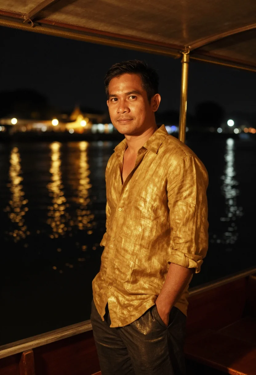 AI chao phraya night gold sample — portrait of a man, framed half-length from the head to the h