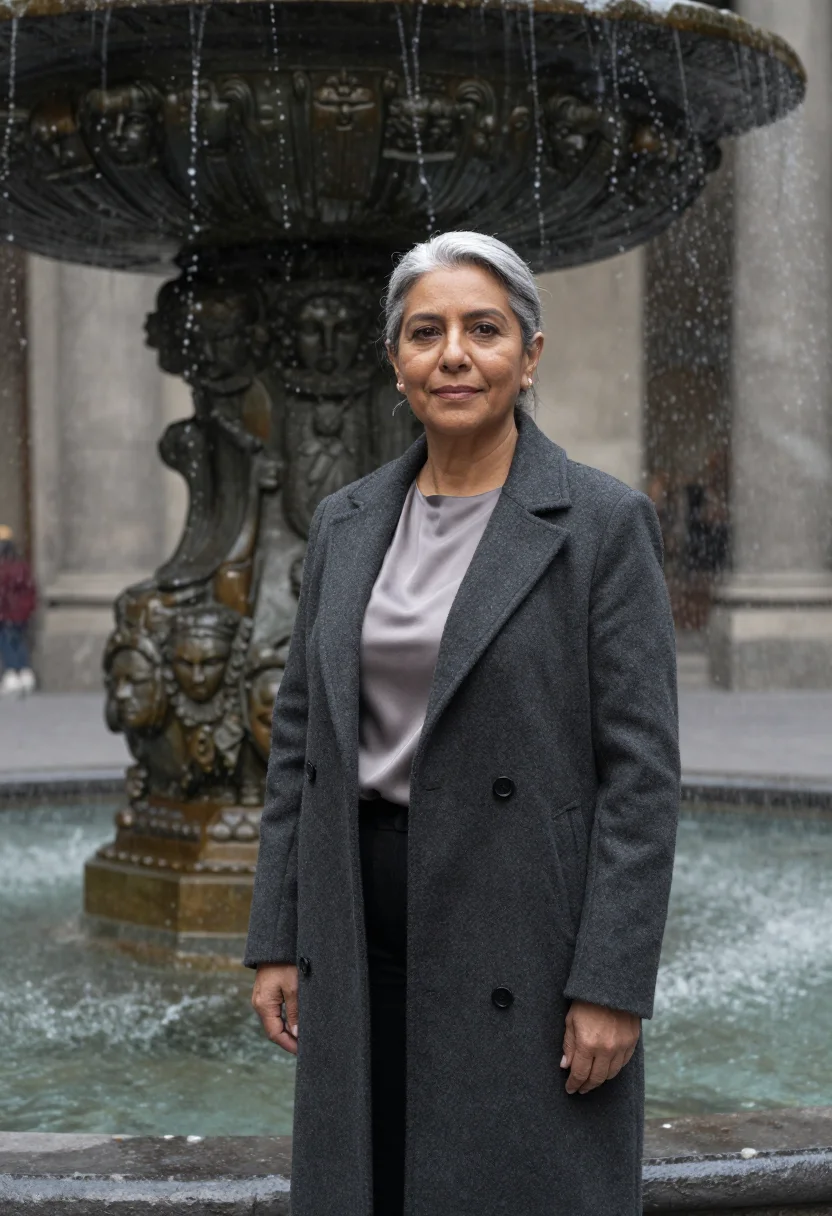 AI chapultepec curator anthropology grey umbrella sample — portrait of a woman, a Mexican curator in her mid-fifties wi