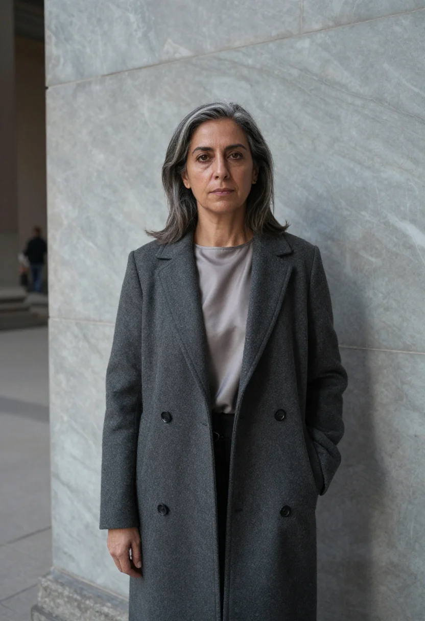 AI chapultepec curator anthropology grey umbrella sample — portrait of a woman, a Spanish curator in her early fifties