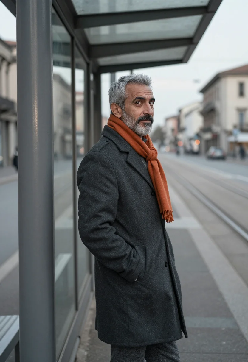 AI charcoal overcoat orange scarf sample — portrait of a man, framed half-length from the waist up, a m