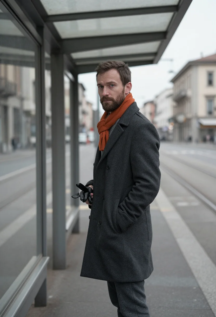 AI charcoal overcoat orange scarf sample — portrait of a man, framed three-quarter length from the knee