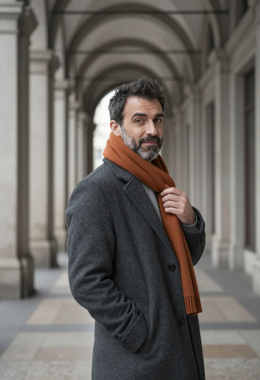 AI charcoal overcoat orange scarf sample — portrait of a man, framed half-length from the waist up, a m