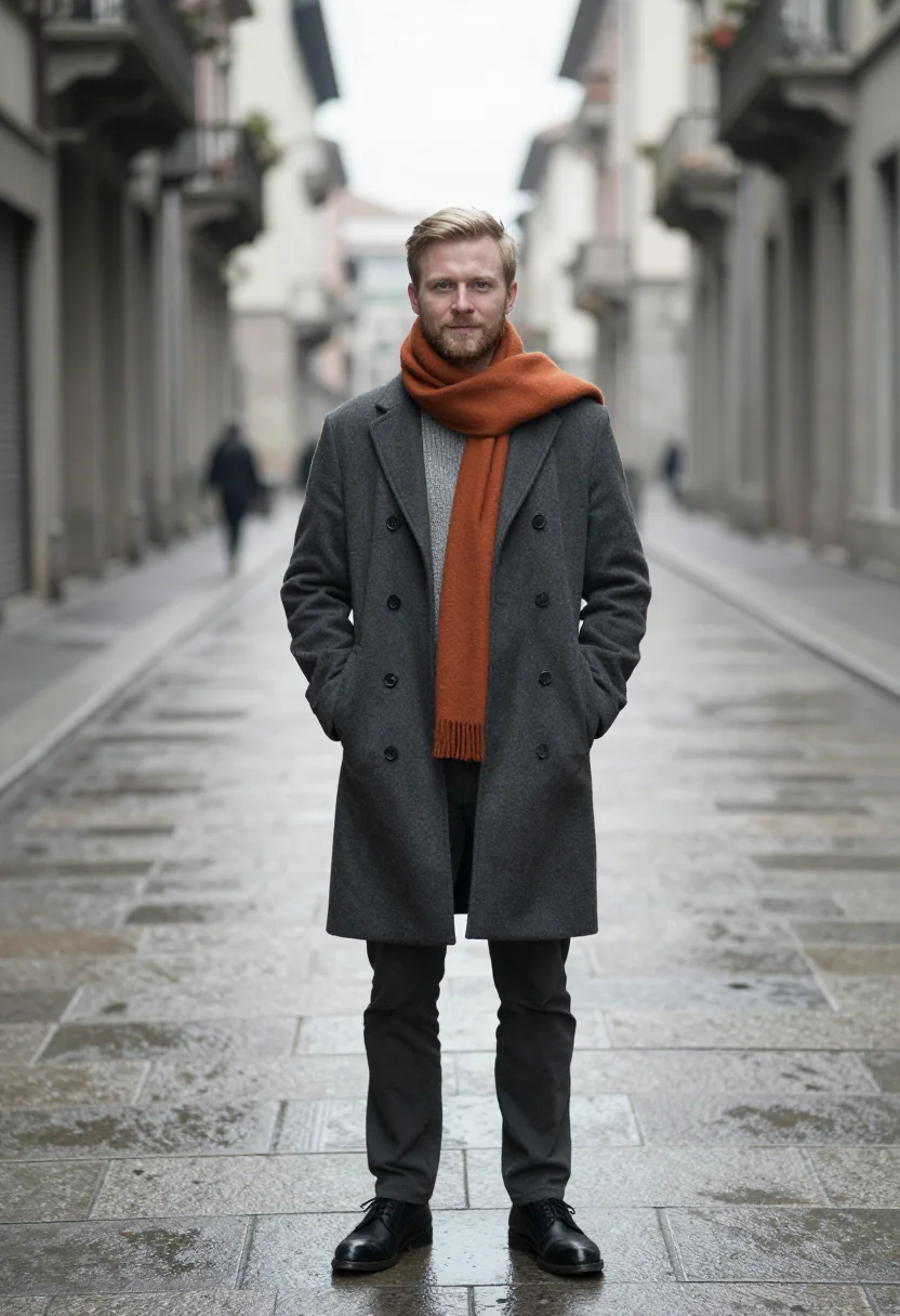 AI charcoal overcoat orange scarf sample — portrait of a man, framed chest-up from the ribs with the bo