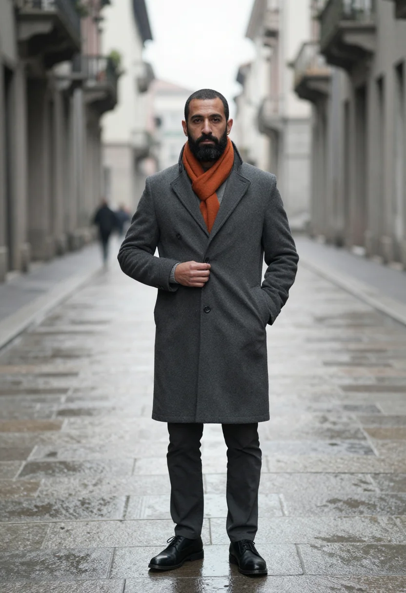 AI charcoal overcoat orange scarf sample — portrait of a man, framed half-length from the waist up, a m