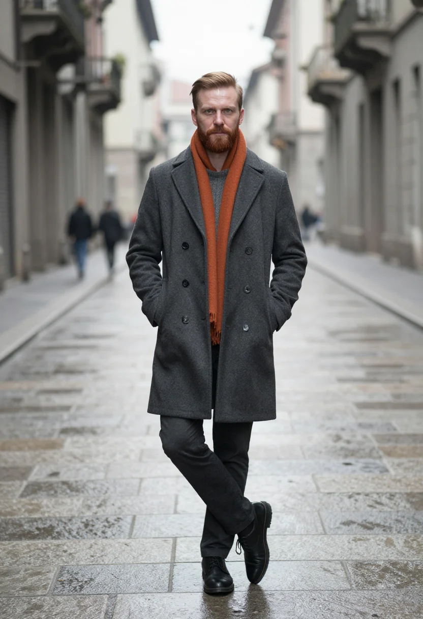 AI charcoal overcoat orange scarf sample — portrait of a man, framed full-length from the shoes to just
