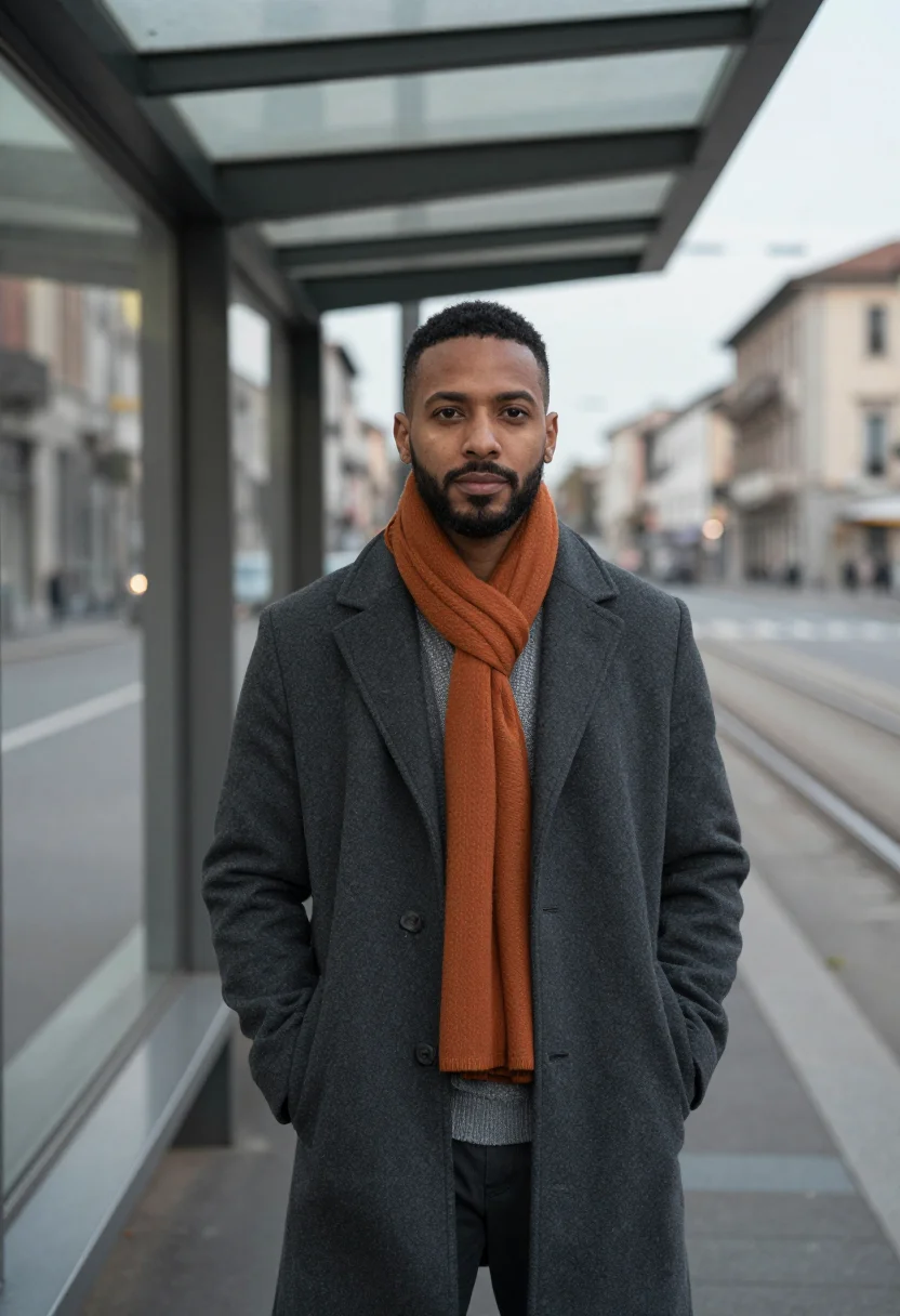 AI charcoal overcoat orange scarf sample — portrait of a man, framed chest-up from the ribs with the bo