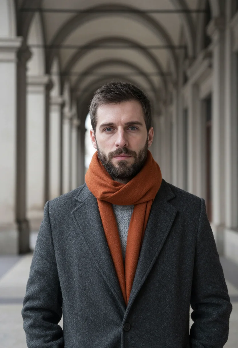 AI charcoal overcoat orange scarf sample — portrait of a man, framed tight, head and shoulders, the bod