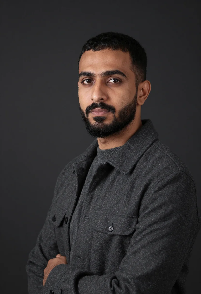 AI charcoal rollneck headshot sample — portrait of a man, head-and-shoulders three-quarter portrait
