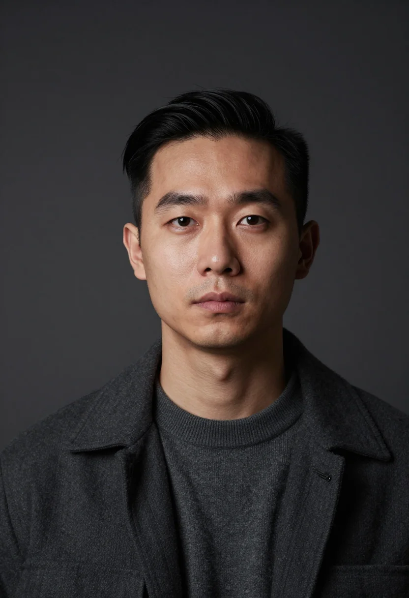 AI charcoal rollneck headshot sample — portrait of a man, head-and-shoulders portrait of an East-As
