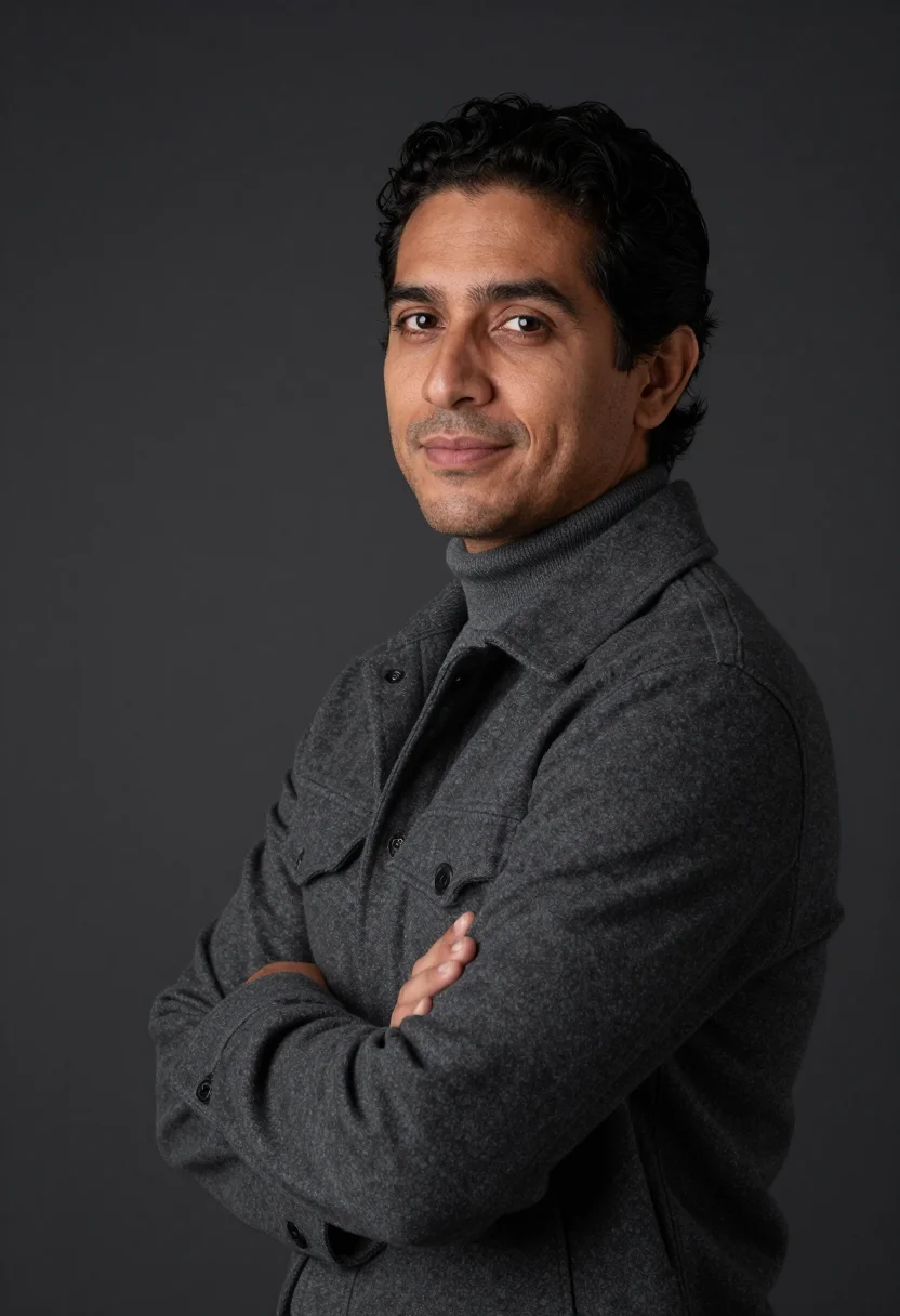 AI charcoal rollneck headshot sample — portrait of a man, chest-up three-quarter portrait of a Lati