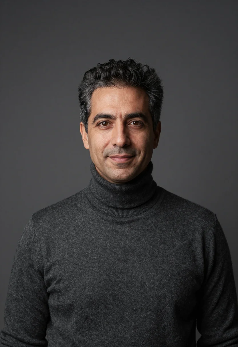 AI charcoal rollneck headshot sample — portrait of a man, chest-up portrait of a Mediterranean man