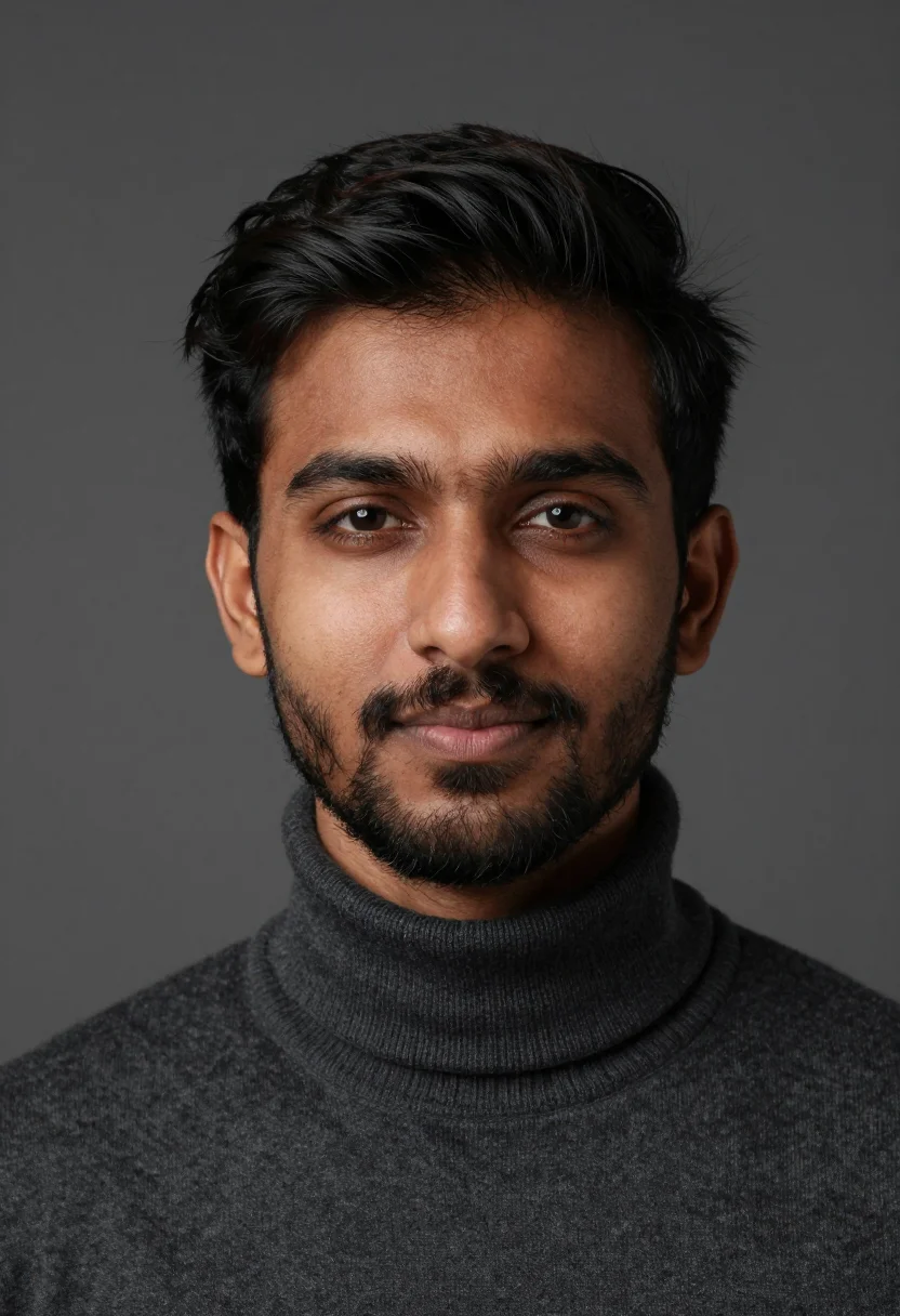 AI charcoal rollneck headshot sample — portrait of a man, tight headshot of a South-Asian man in hi