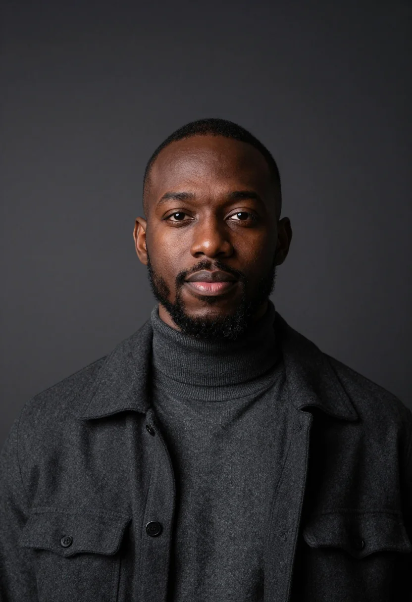 AI charcoal rollneck headshot sample — portrait of a man, close headshot of a Black man of Caribbea
