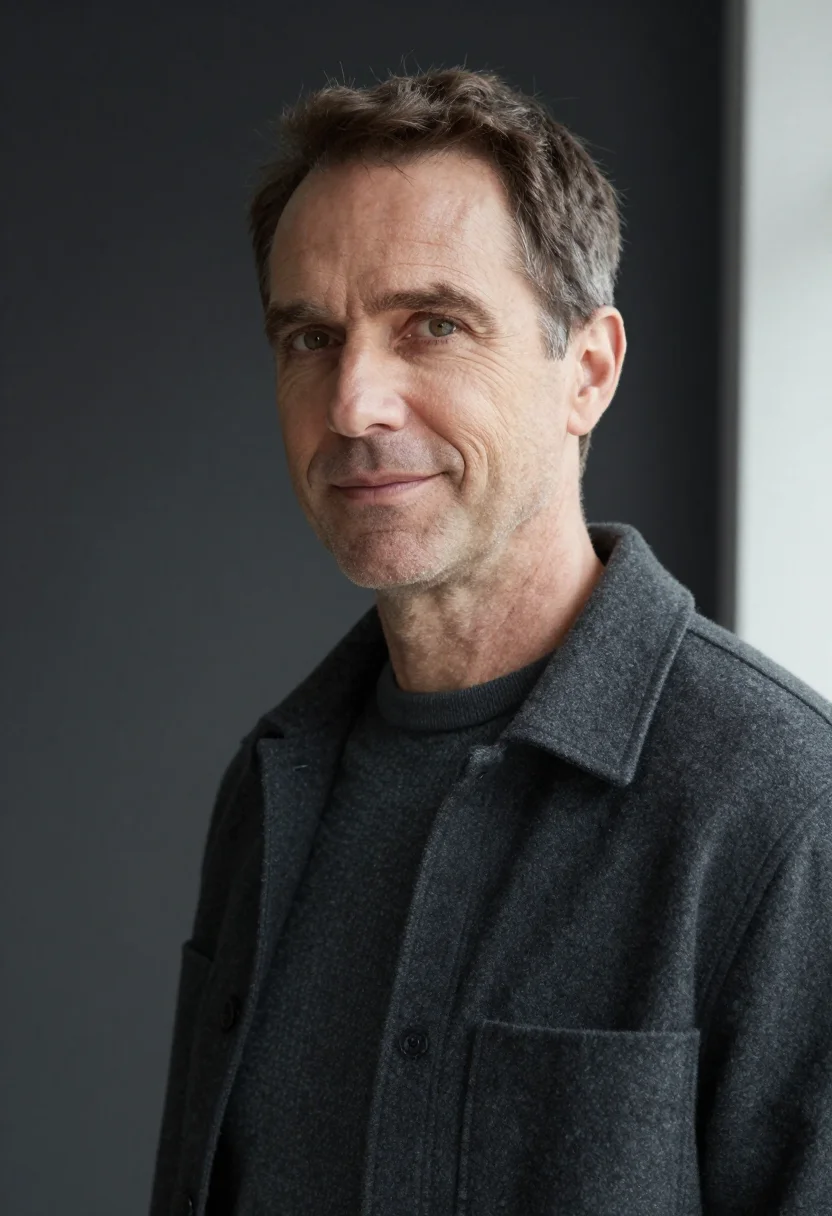 AI charcoal rollneck headshot sample — portrait of a man, close headshot of a Western-European man