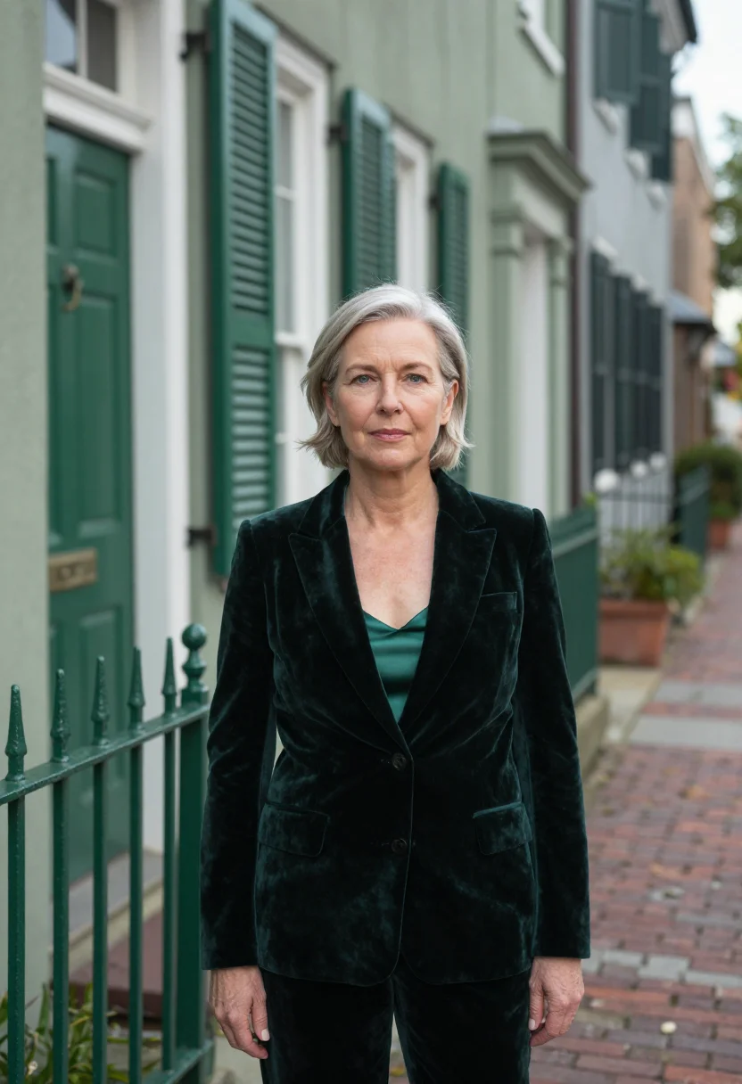 AI charleston green interior designer sample — portrait of a woman, framed tight, head and shoulders, the b