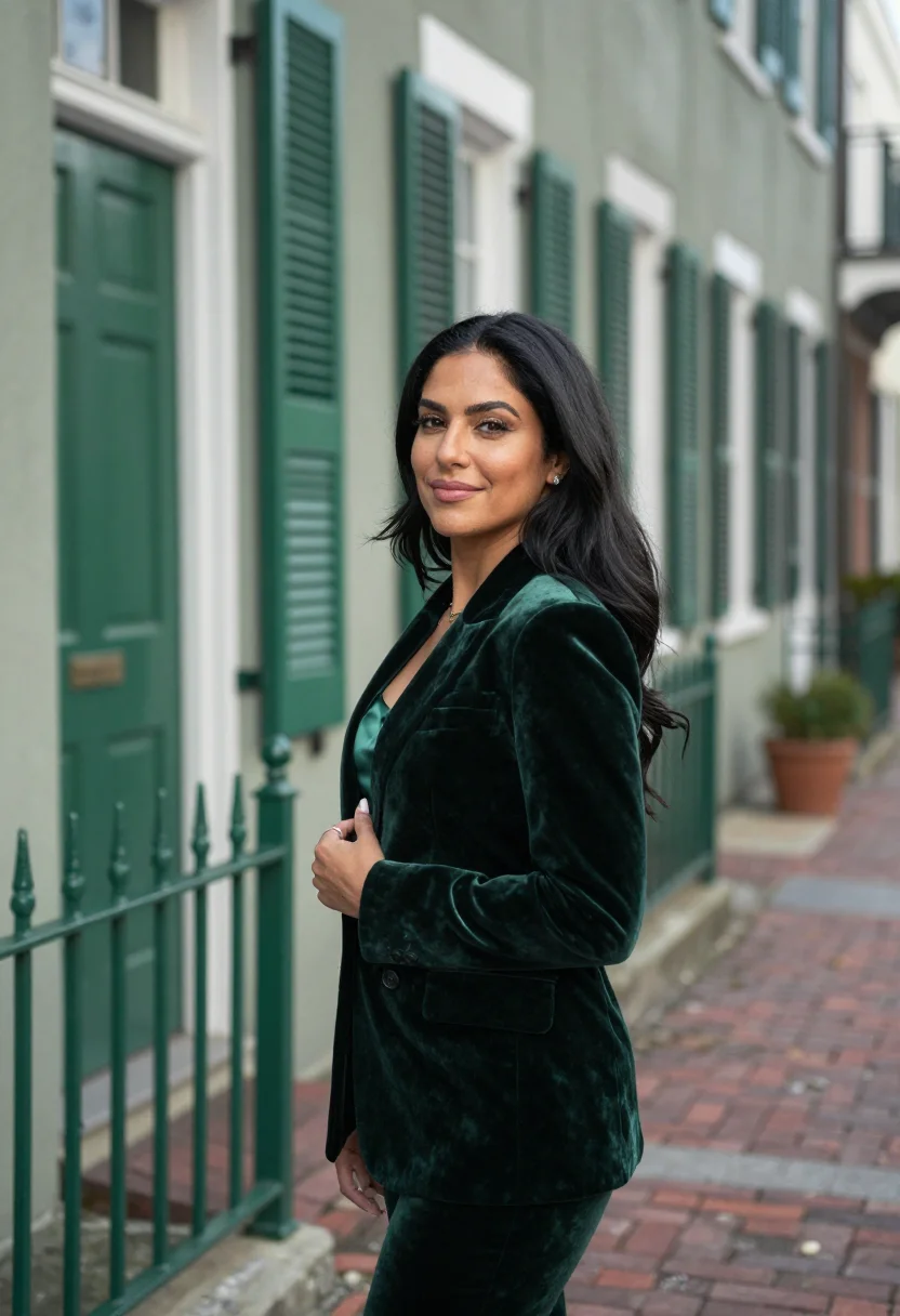 AI charleston green interior designer sample — portrait of a woman, framed chest-up, cropped at the ribs, t