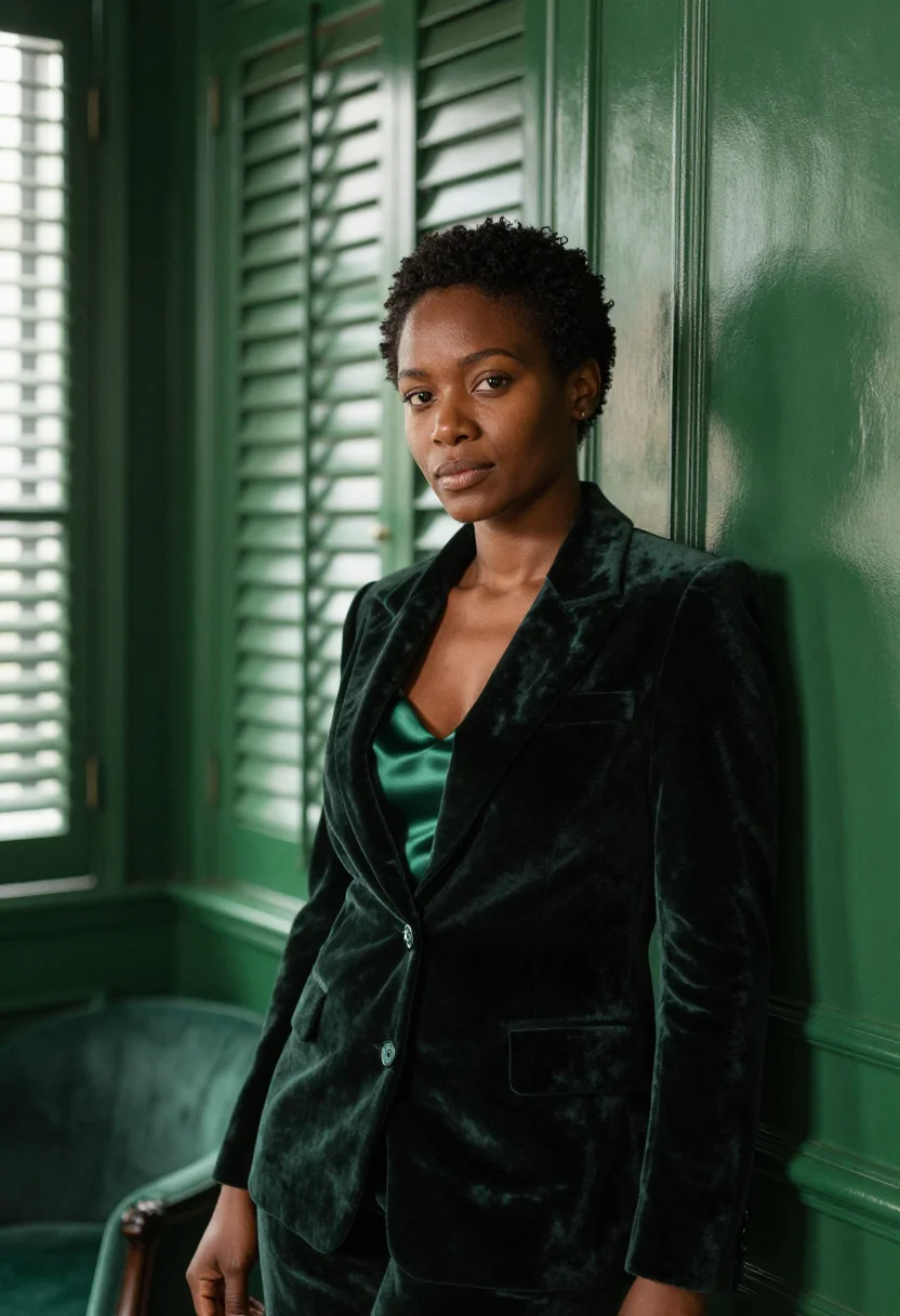 AI charleston green interior designer sample — portrait of a woman, framed chest-up, cropped at the ribs, t