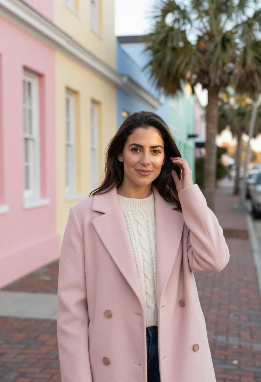 AI charleston rainbow row november palette sample — portrait of a woman, framed chest-up, cropped at the ribs, t