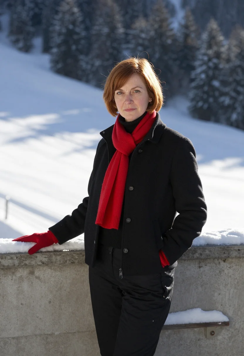 AI charlotte perriand les arcs black red accent sample — portrait of a woman, an English woman in her mid-forties wit