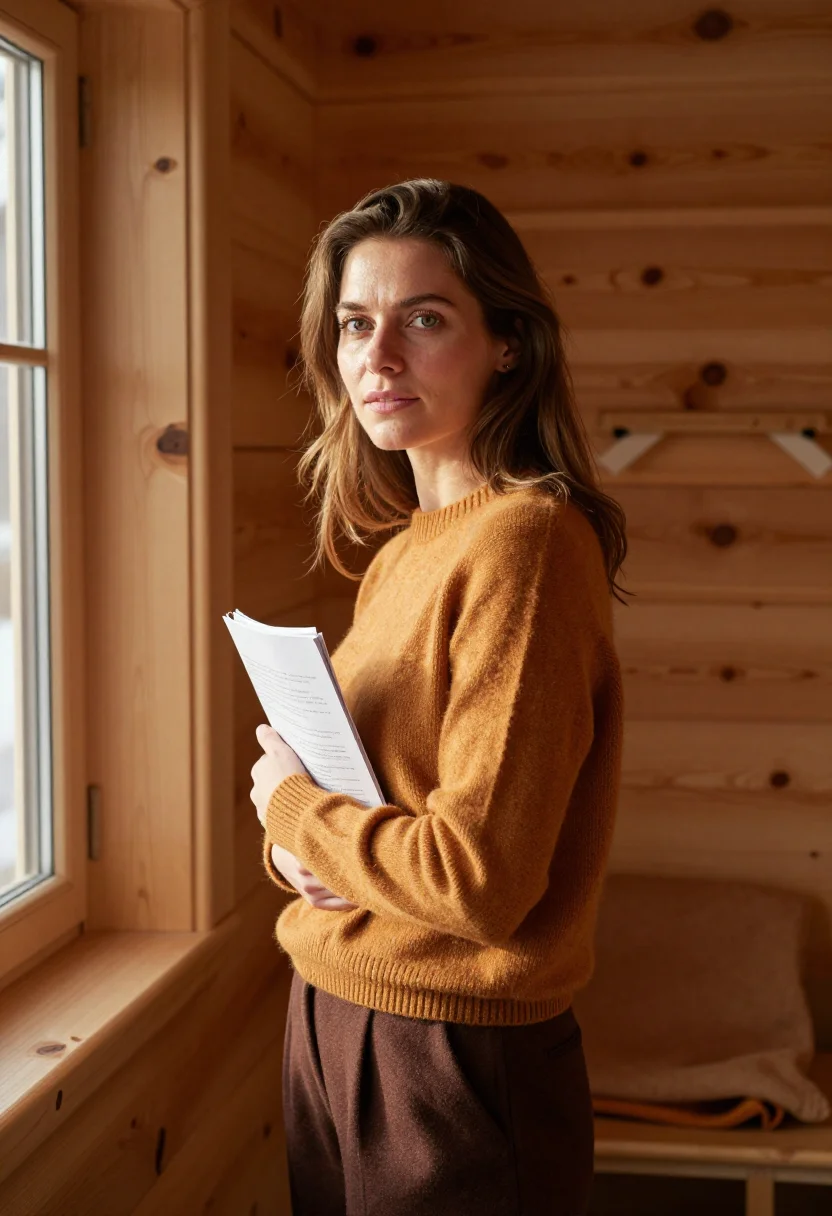 AI charlotte perriand meribel larch ochre sample — portrait of a woman, framed chest-up, cropped at the ribs, t