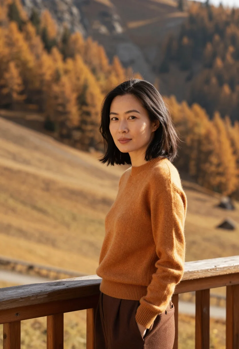 AI charlotte perriand meribel larch ochre sample — portrait of a woman, framed tight, head and shoulders, the b