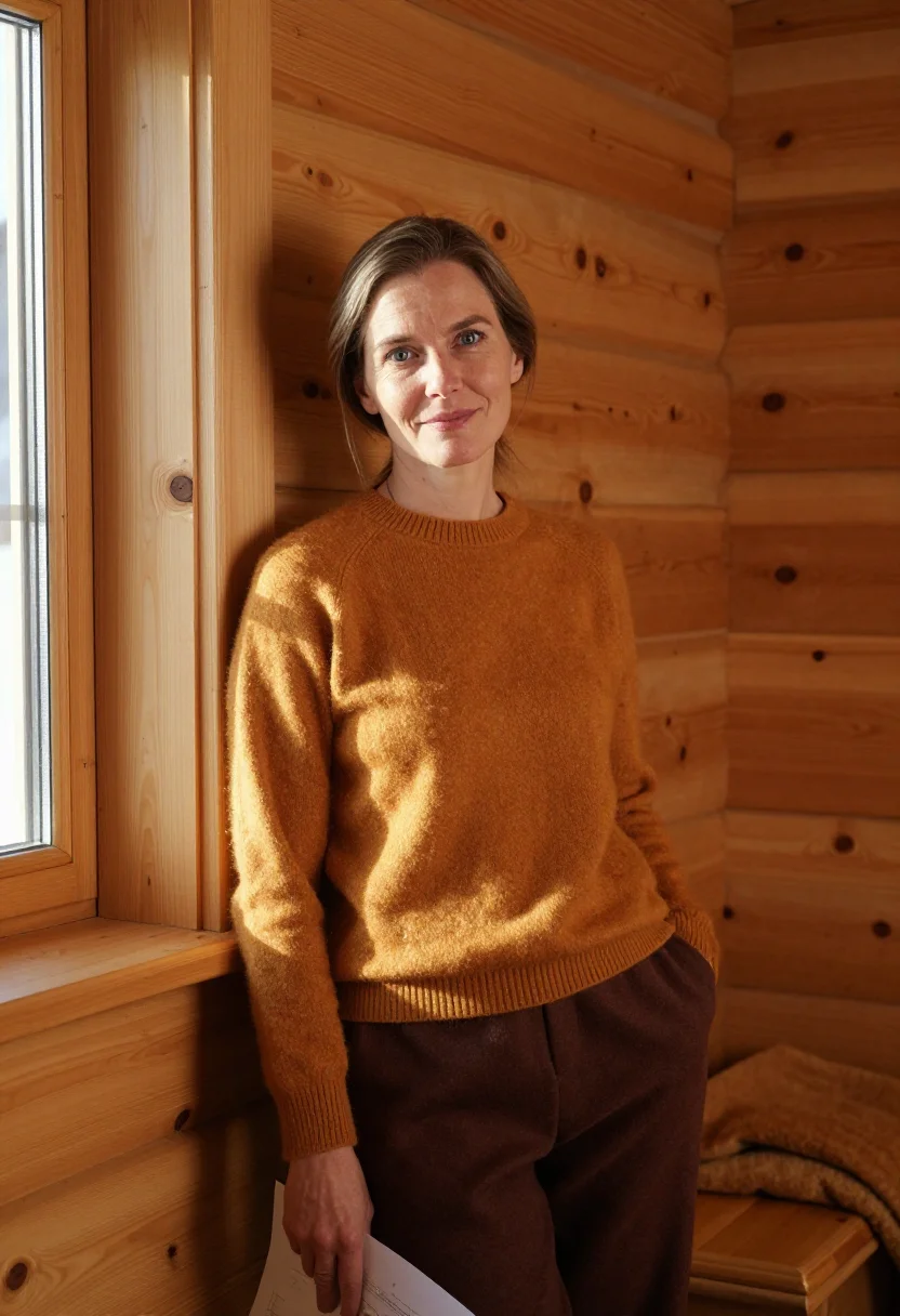 AI charlotte perriand meribel larch ochre sample — portrait of a woman, framed half-length, cropped at the hips