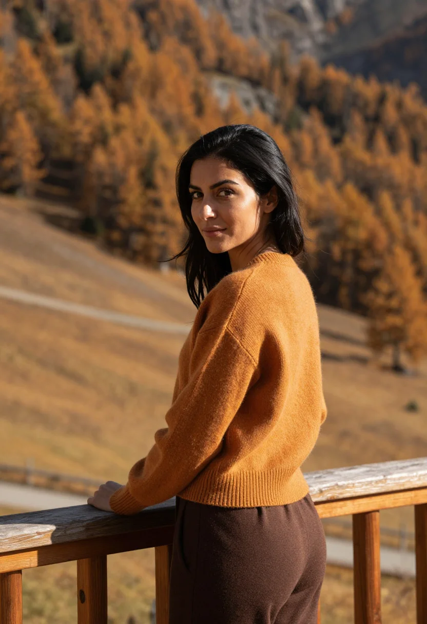 AI charlotte perriand meribel larch ochre sample — portrait of a woman, framed chest-up, cropped at the ribs, t