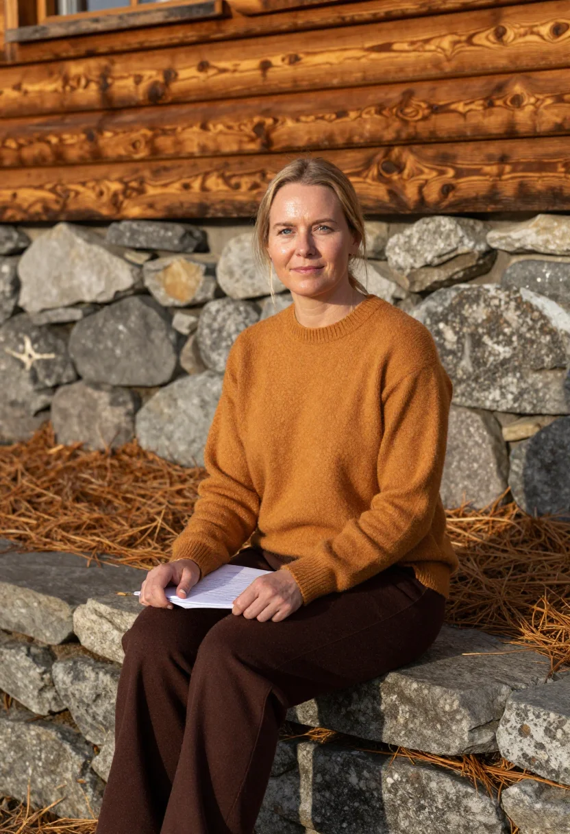 AI charlotte perriand meribel larch ochre sample — portrait of a woman, framed half-length, cropped at the hips