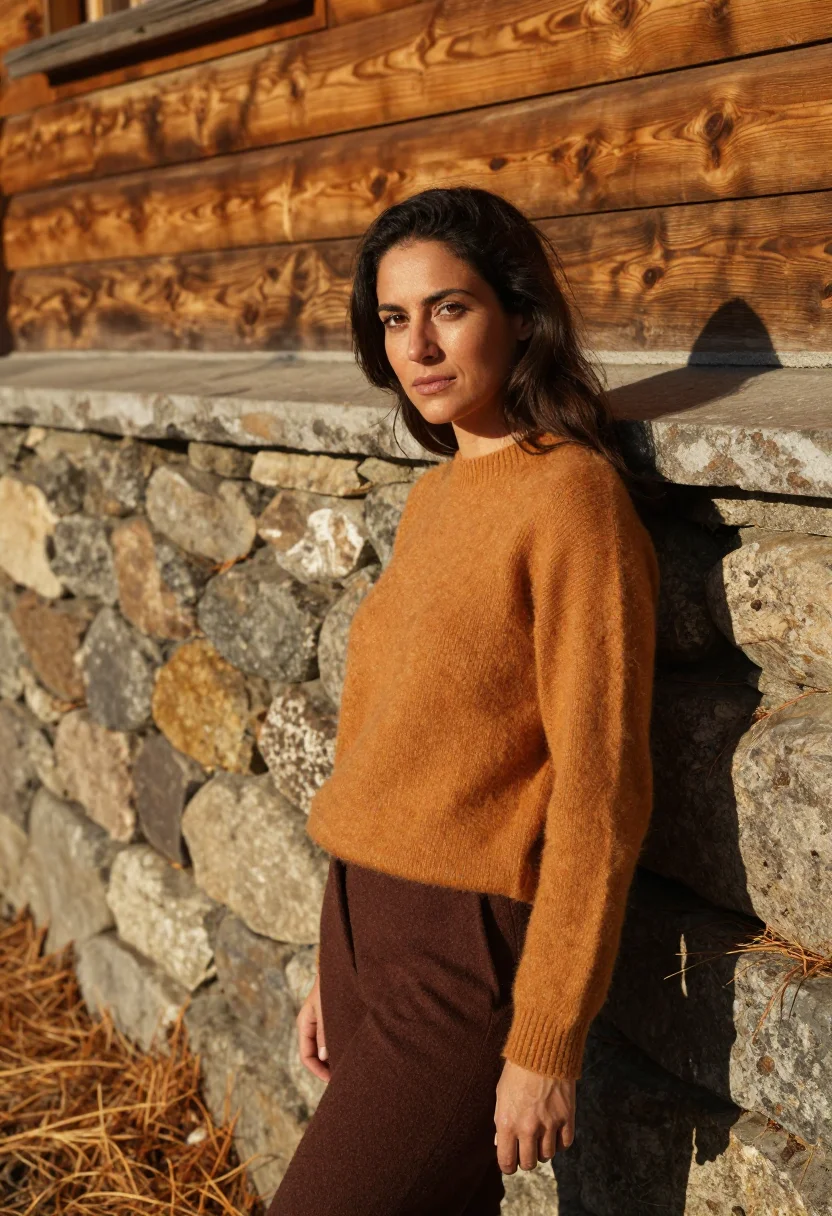 AI charlotte perriand meribel larch ochre sample — portrait of a woman, framed chest-up, cropped at the ribs, t
