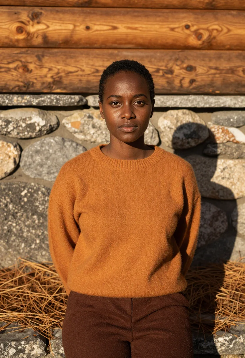 AI charlotte perriand meribel larch ochre sample — portrait of a woman, framed tight, head and shoulders, the b