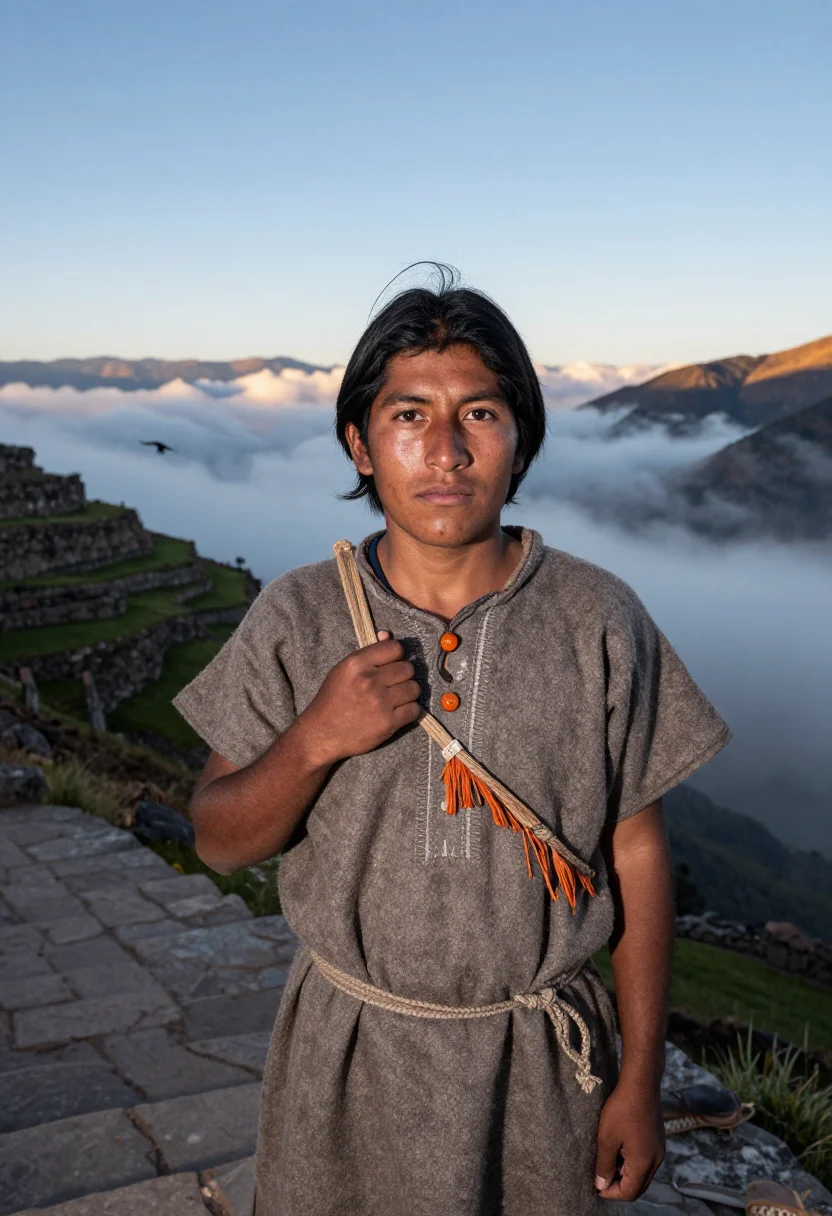 AI chasqui sample — portrait of a man, chest-up portrait of a young Andean man w