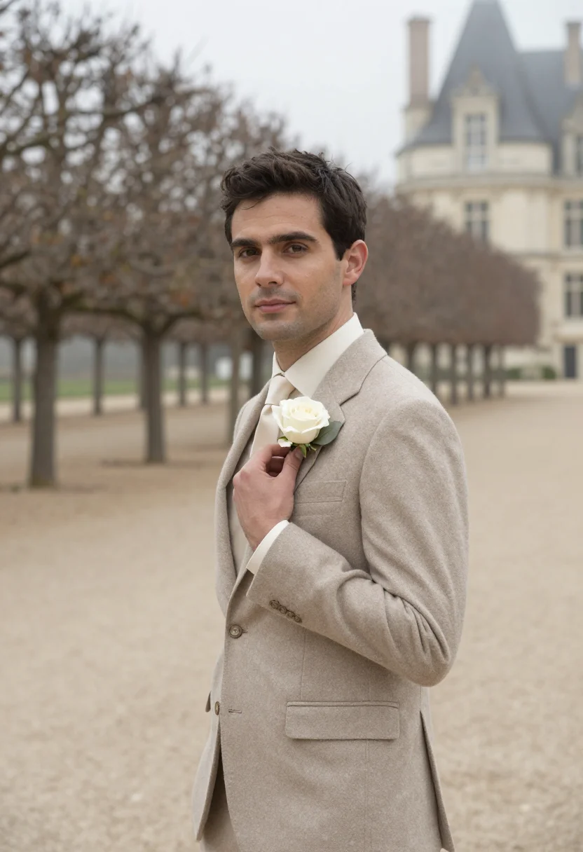 AI chateau wedding november stone sample — portrait of a man, framed chest-up, cropped at the ribs, the