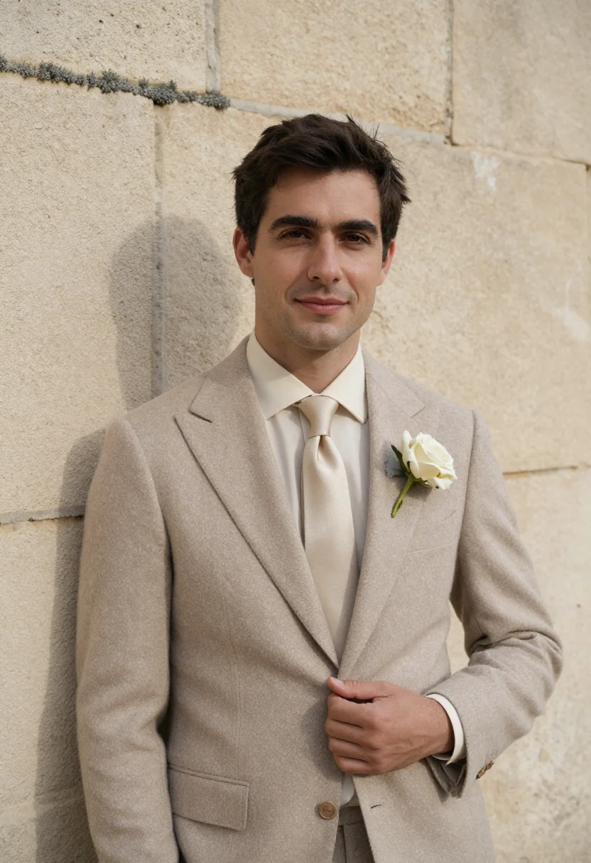 AI chateau wedding november stone sample — portrait of a man, framed chest-up, cropped at the ribs, the