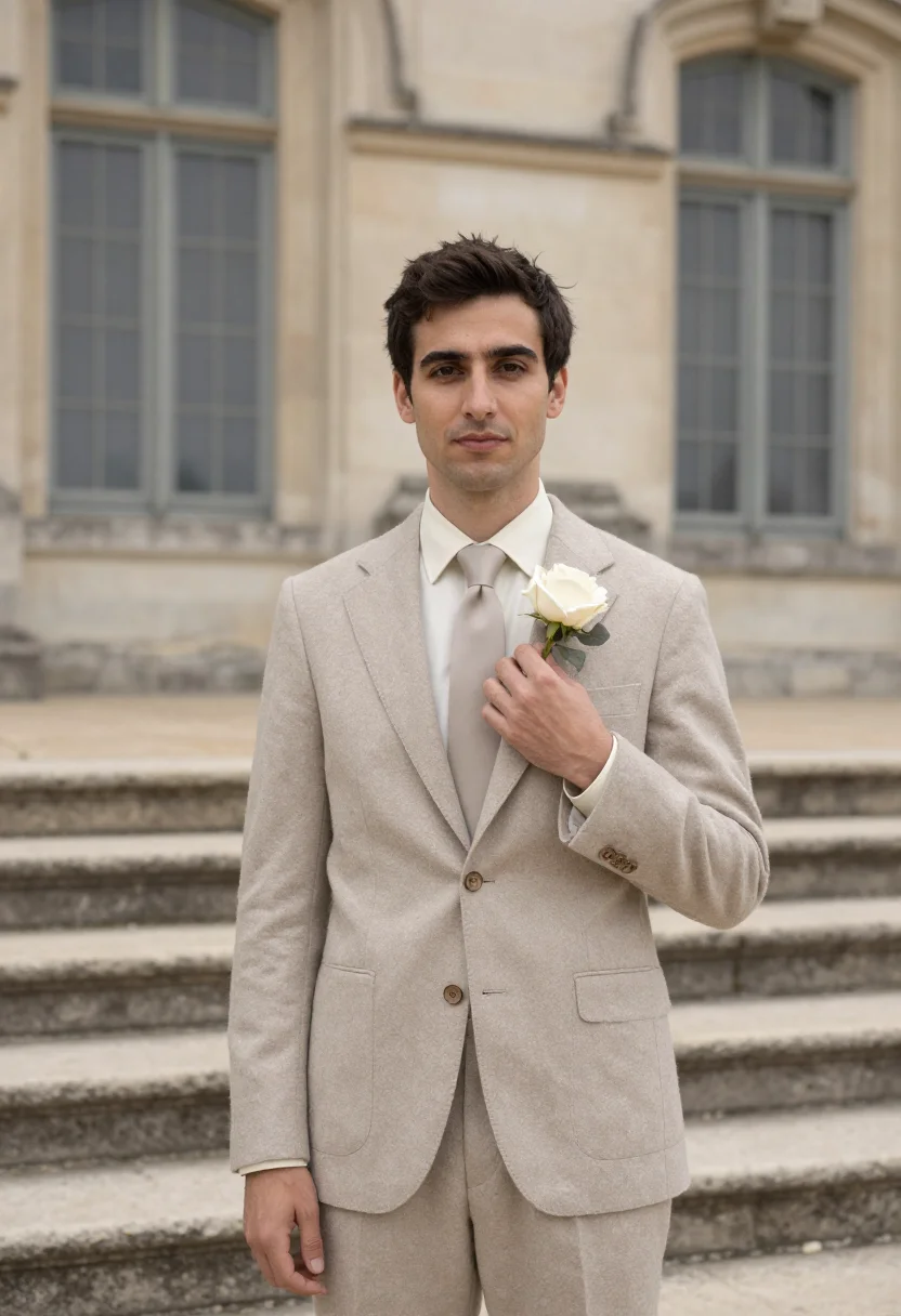 AI chateau wedding november stone sample — portrait of a man, framed chest-up, cropped at the ribs, the