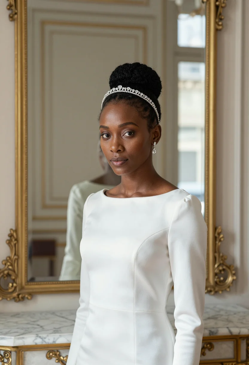 AI chaumet place vendome josephine tiara white gold accent sample — portrait of a woman, a Senegalese-French woman in her early
