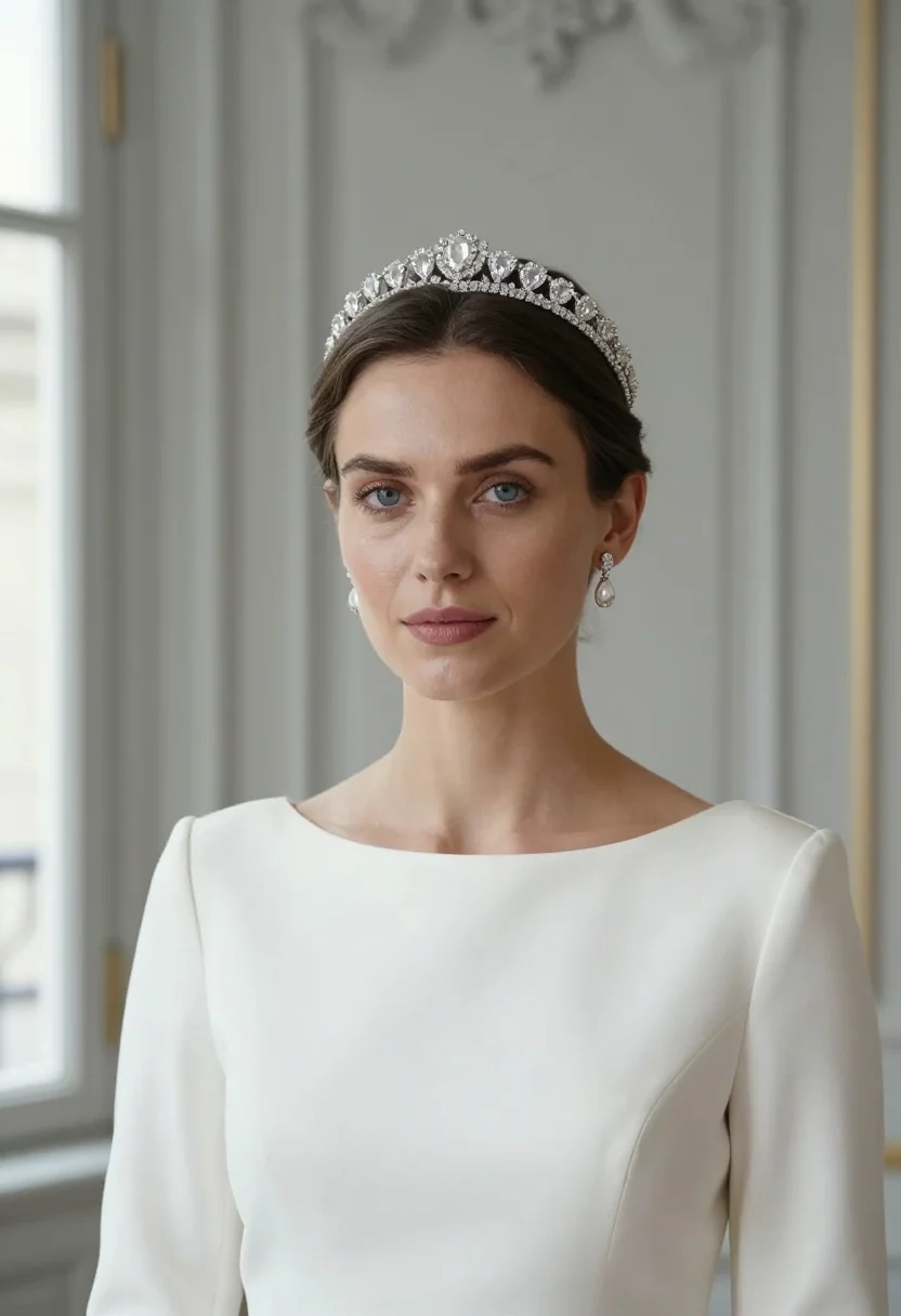 AI chaumet place vendome josephine tiara white gold accent sample — portrait of a woman, a French woman in her early thirties wi
