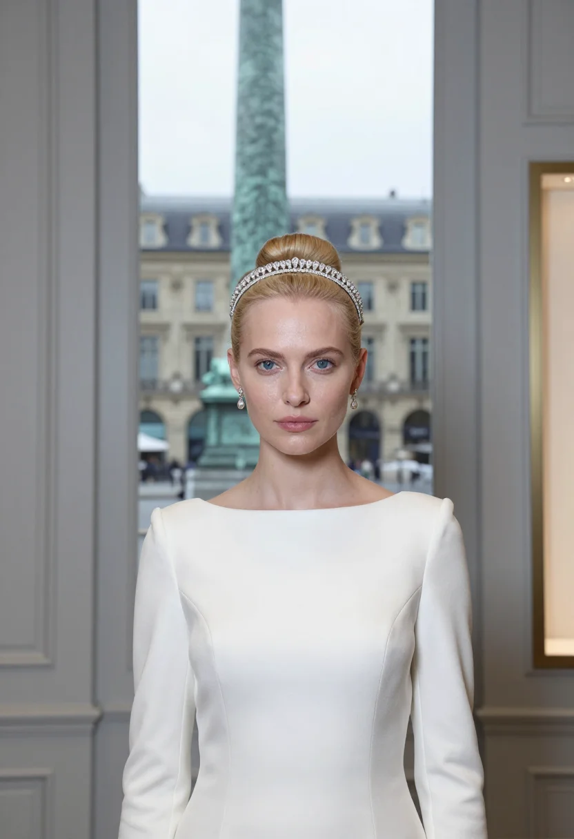 AI chaumet place vendome josephine tiara white gold accent sample — portrait of a woman, a Russian woman in her late twenties wi