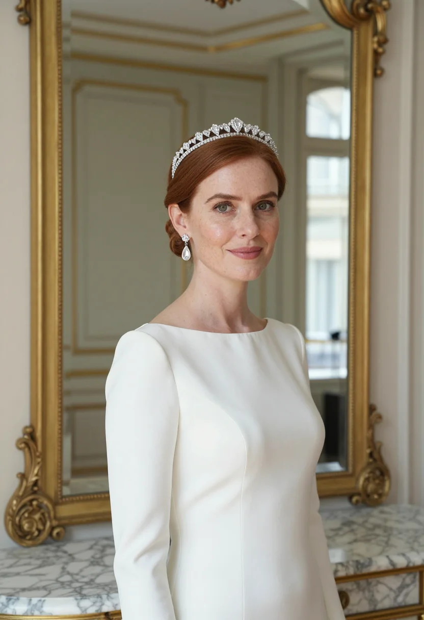 AI chaumet place vendome josephine tiara white gold accent sample — portrait of a woman, an Irish woman in her late thirties wit