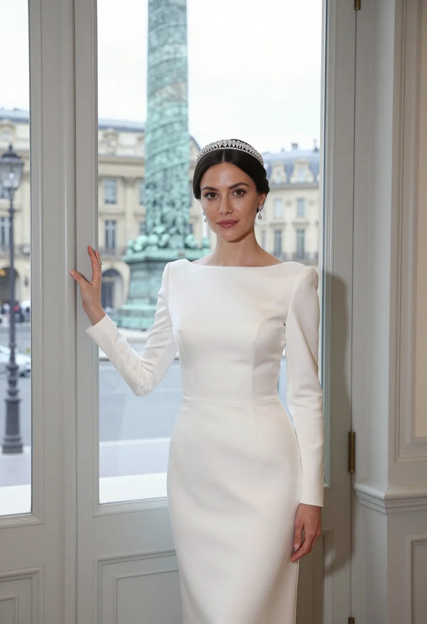 AI chaumet place vendome josephine tiara white gold accent sample — portrait of a woman, an Italian woman in her mid-thirties wi