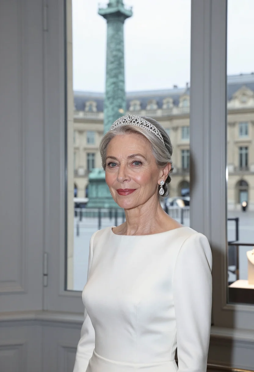 AI chaumet place vendome josephine tiara white gold accent sample — portrait of a woman, a French woman in her late fifties with