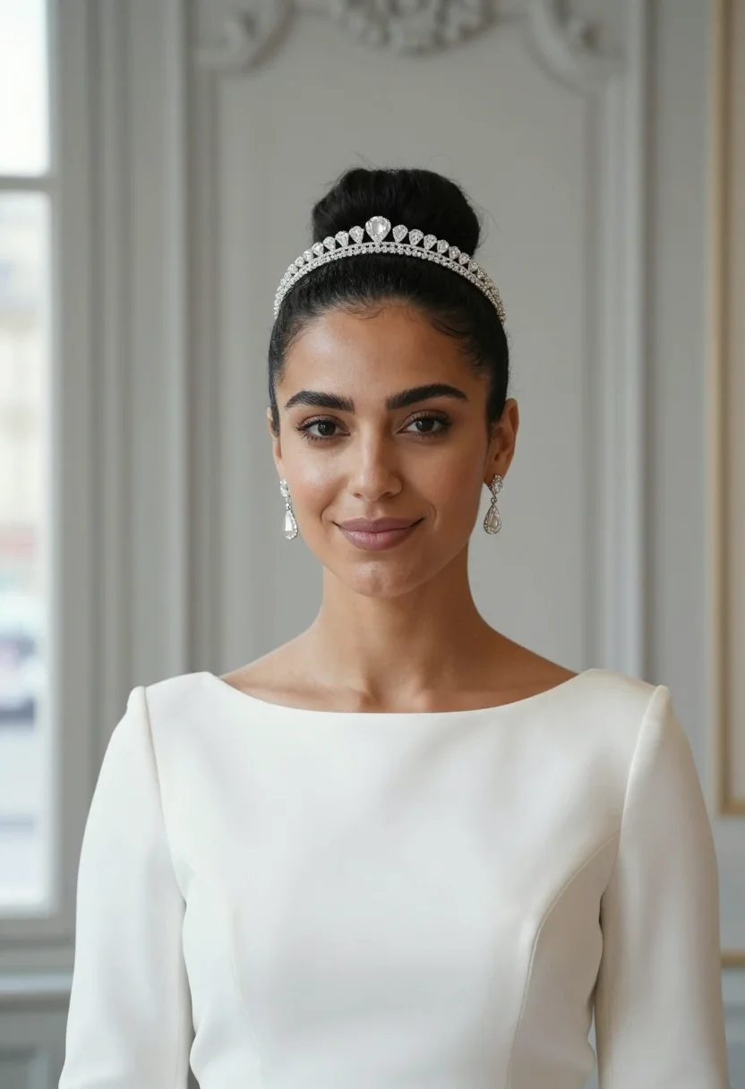 AI chaumet place vendome josephine tiara white gold accent sample — portrait of a woman, an Algerian-French woman in her late tw