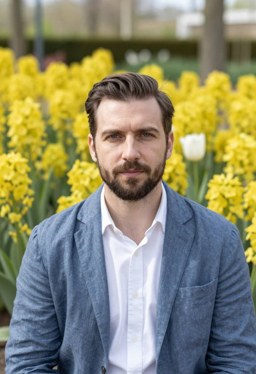 AI chaumont sur loire garden festival designer april palette sample — portrait of a man garden designer, framed tight, head and sh