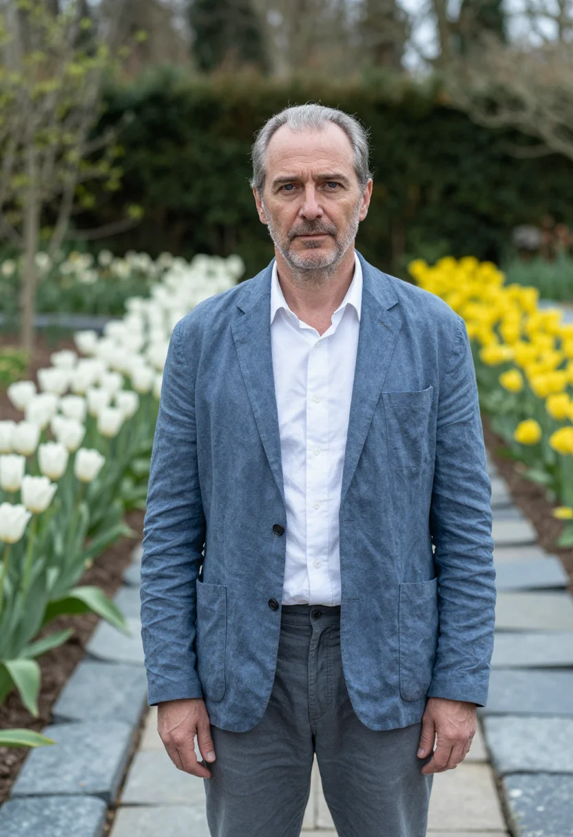 AI chaumont sur loire garden festival designer april palette sample — portrait of a man garden designer, framed chest-up, cropped