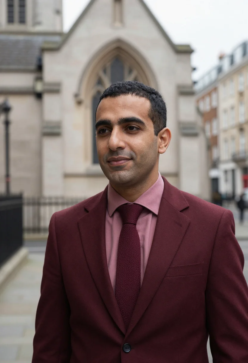 AI cheapside solicitor oxblood sample — portrait of a man, tight headshot of a Middle-Eastern man in