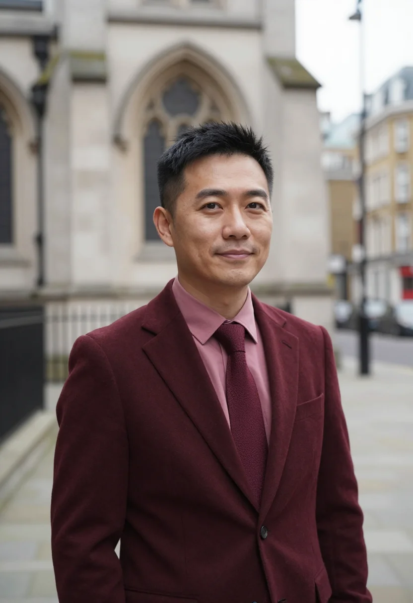 AI cheapside solicitor oxblood sample — portrait of a man, chest-up portrait of an East-Asian man in