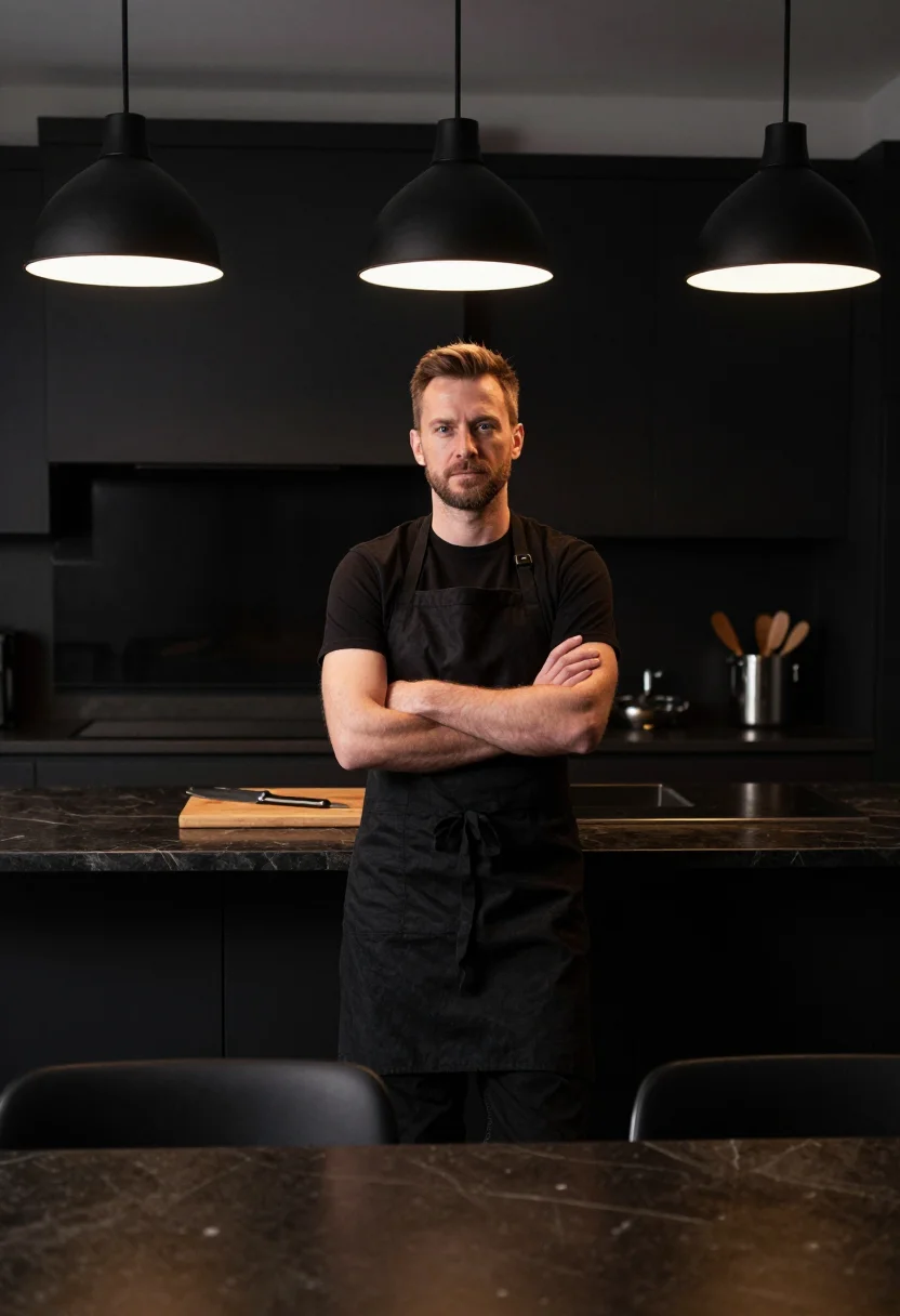 AI chef at home black apron sample — portrait of a man, framed wide from the dining side, the who
