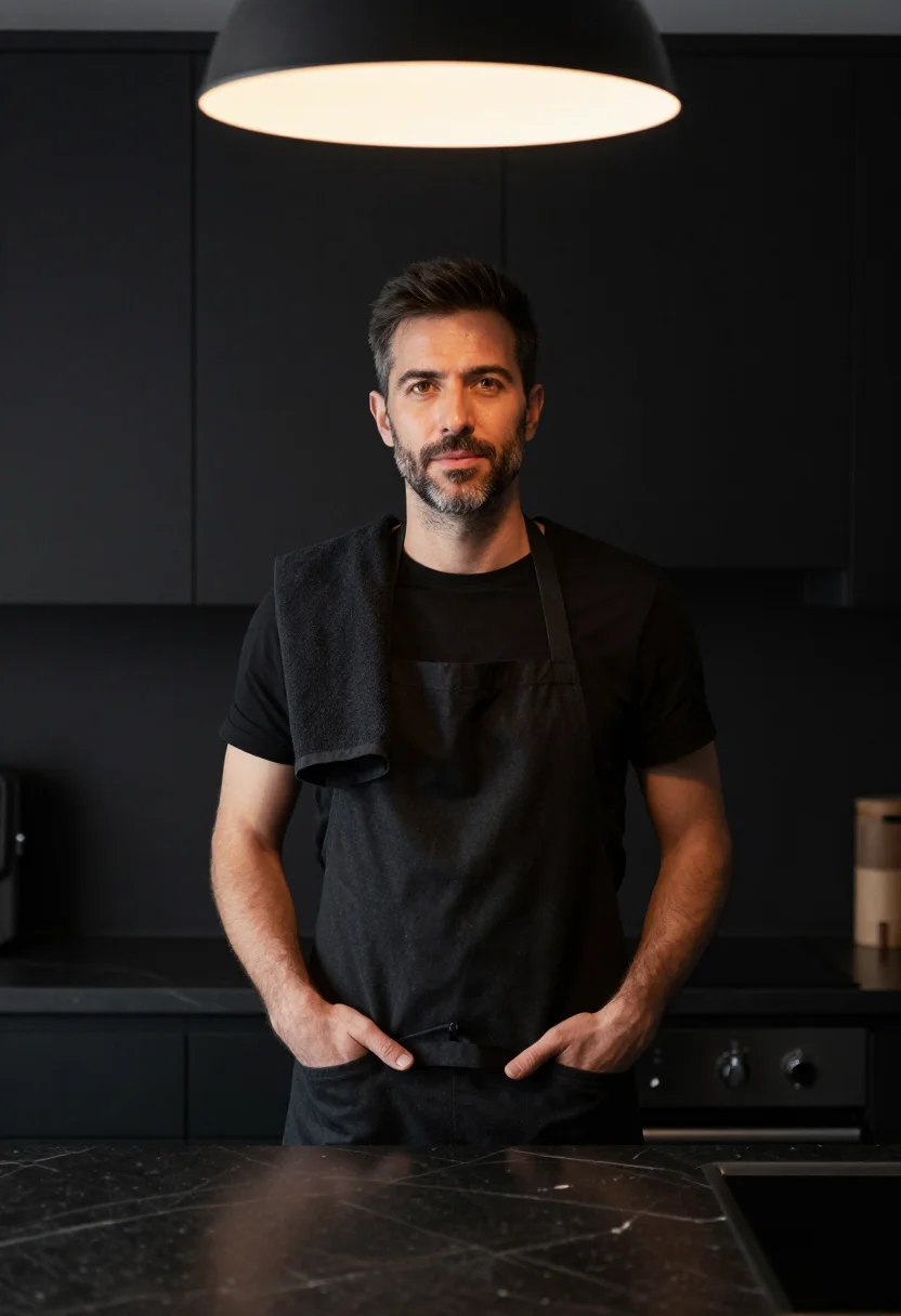 AI chef at home black apron sample — portrait of a man, framed half-length from the head to the h